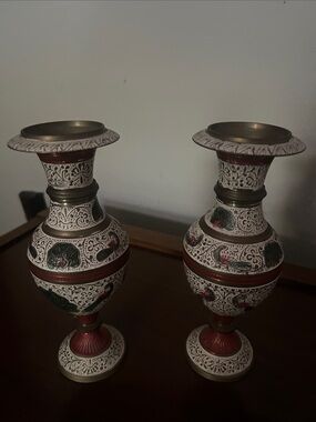 Decorative Red and White Floral Metal Vases - Set of 2
